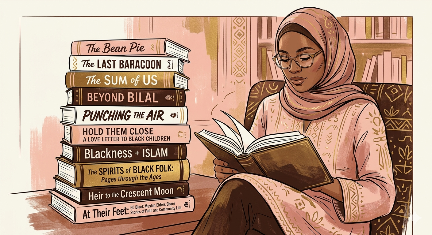 A Black Muslimah reading, surrounded by a curated stack of books